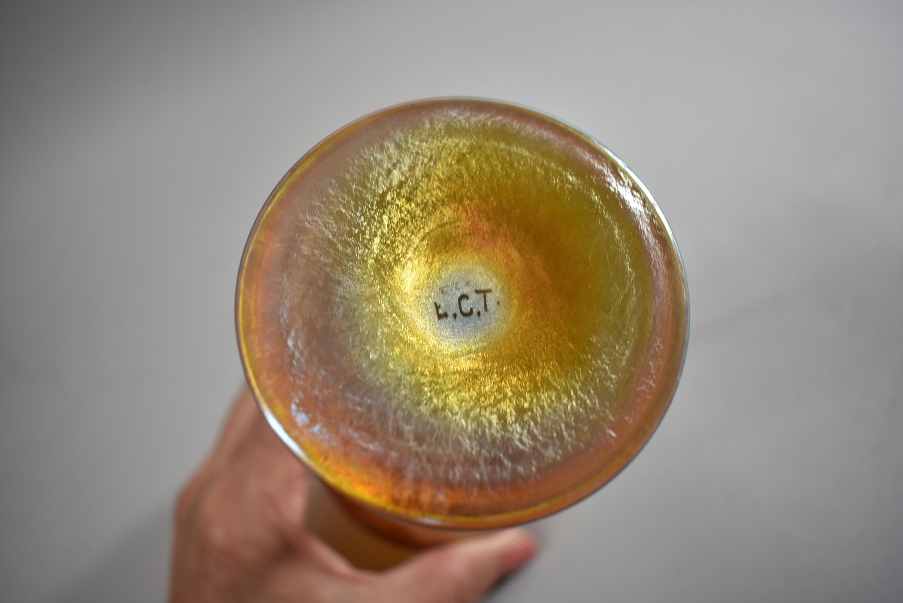 20th Century L.C. Tiffany Favrile Stemware Gold Iridescent Glass Wheel Cut Detail Signed Pair