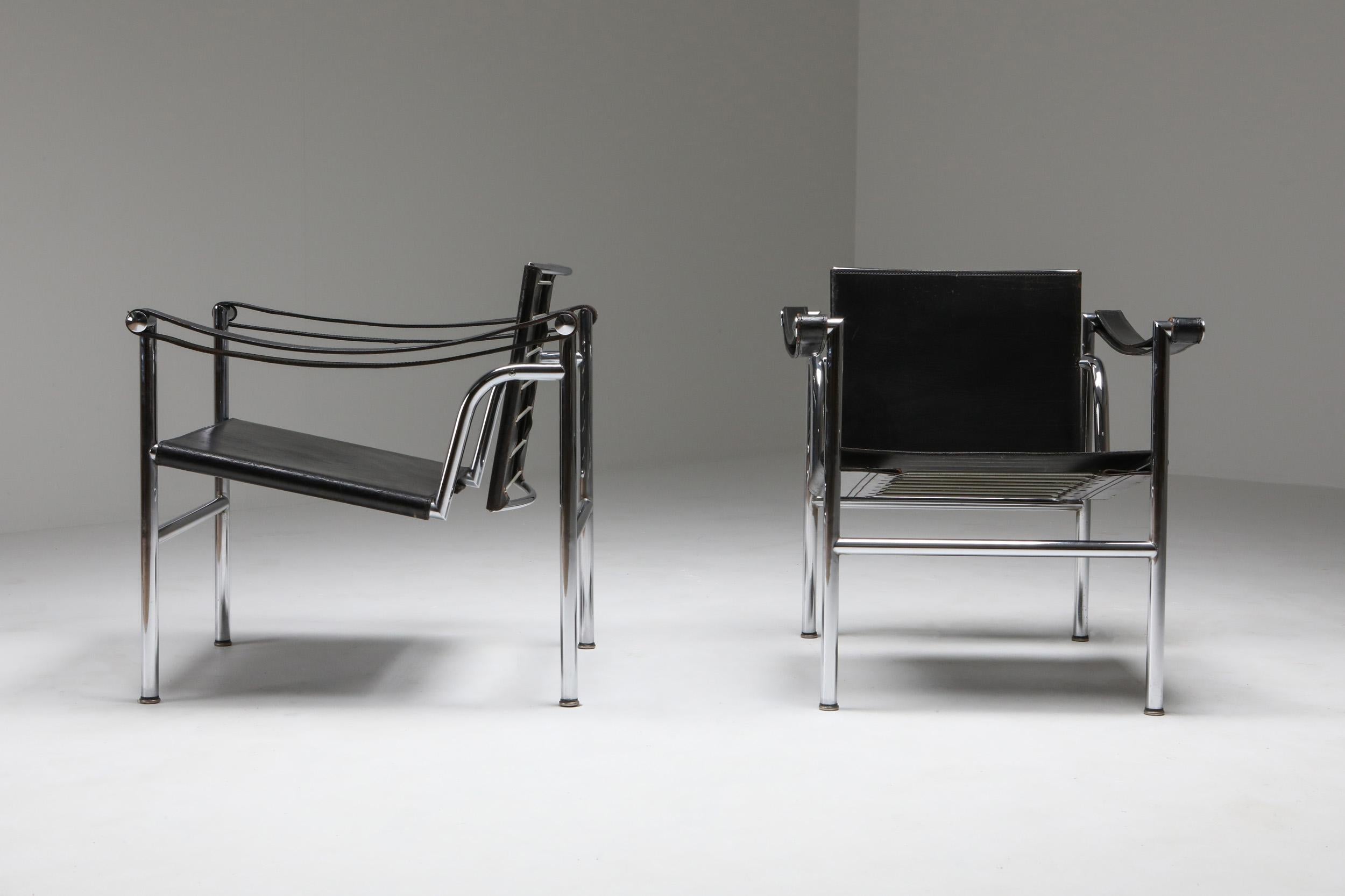 Le Corbusier, LC 1, black leather, pre cassina, 1965

A light, compact chair designed and presented at the 1929 Salon d’Automne along with other important models, such as the LC2 and LC3 armchairs, the LC6 table and the LC4 chaise-longue. As with