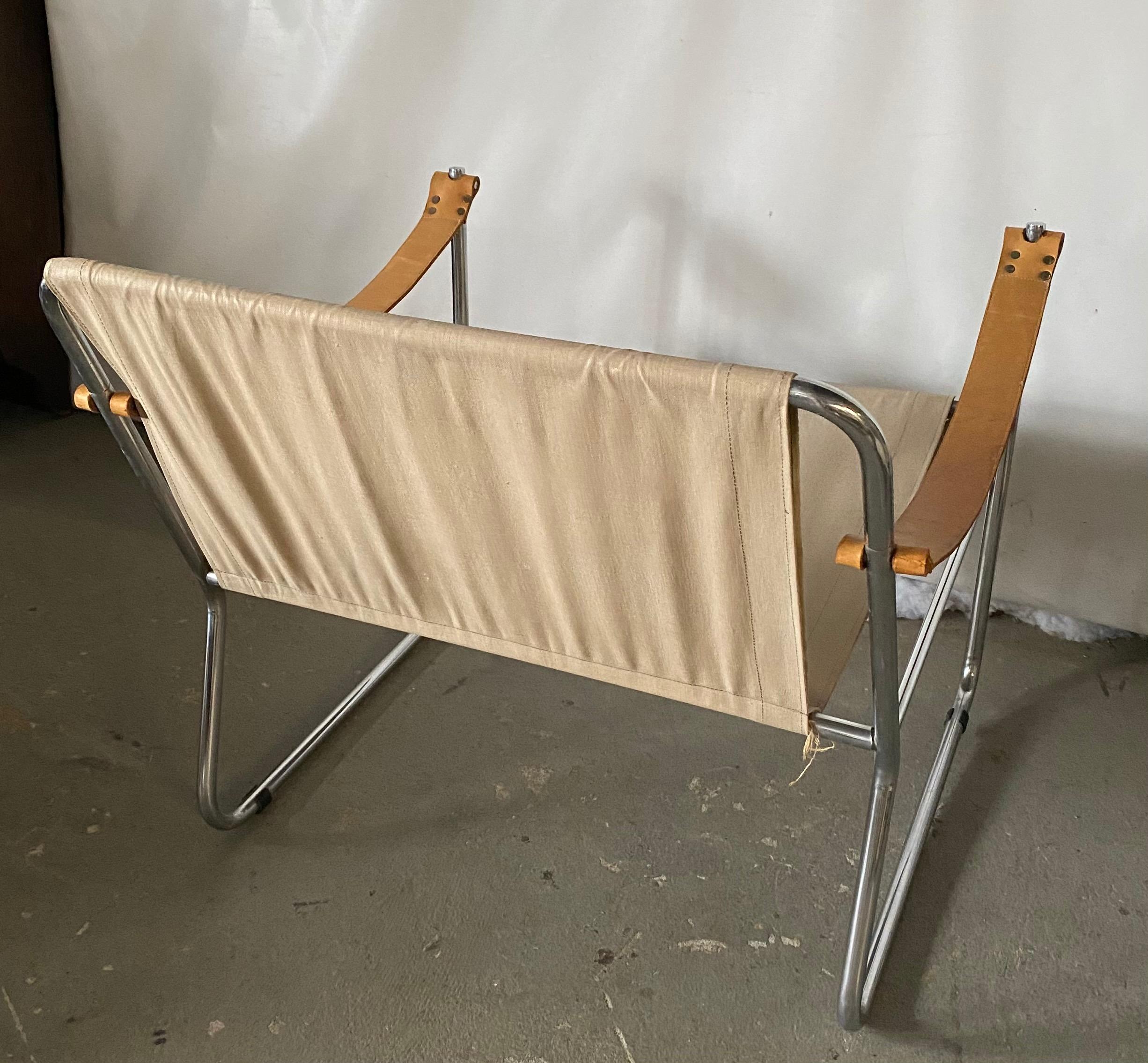 Mid-Century Modern LC1 Style Canvas Sling Lounge Chair For Sale