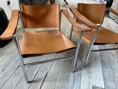 LC1 Style Leather and Chrome Mid Century Armchairs, Pair