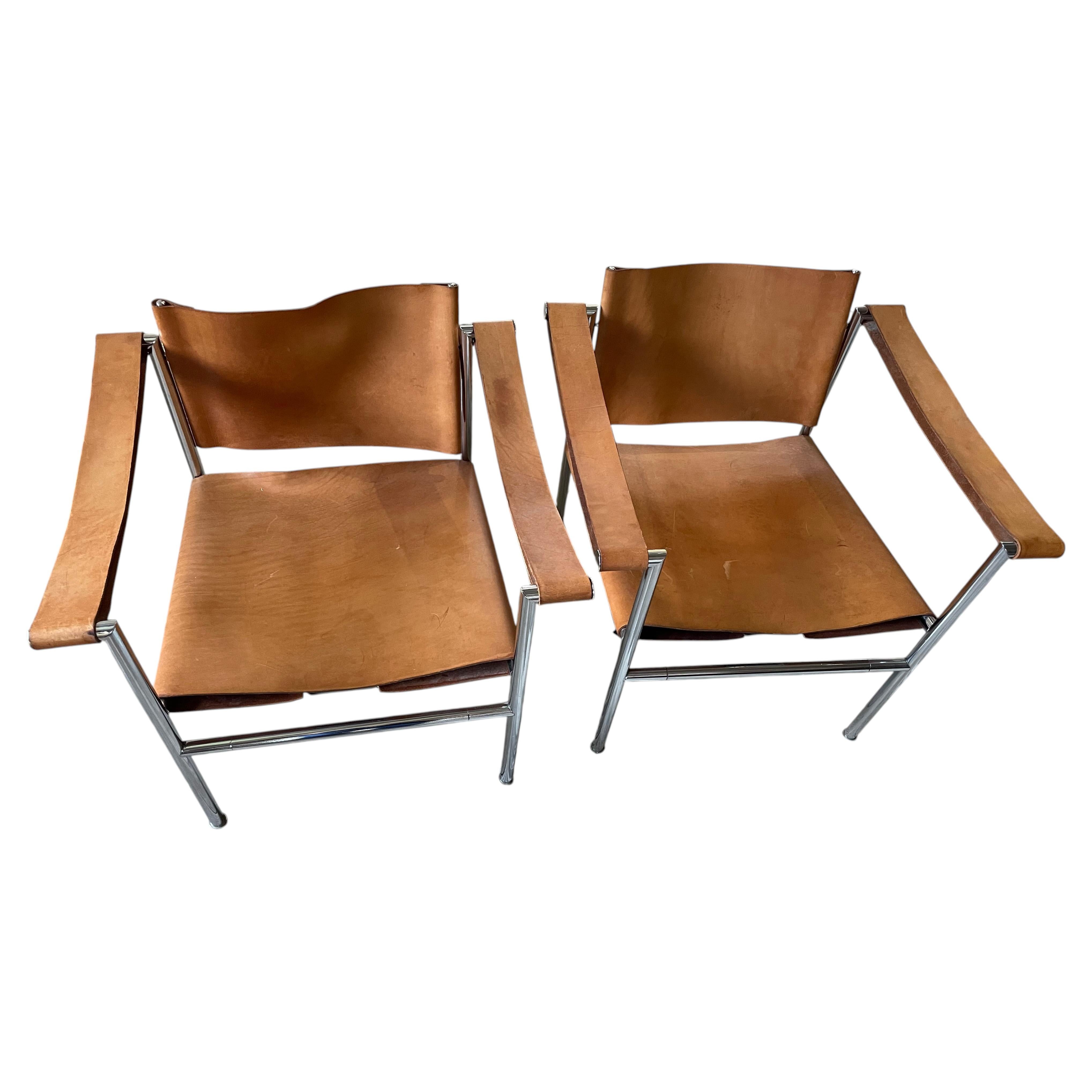 LC1 Style Leather and Chrome Mid Century Armchairs, Pair
