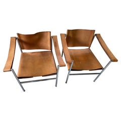 LC1 Style Leather and Chrome Mid Century Armchairs, Pair