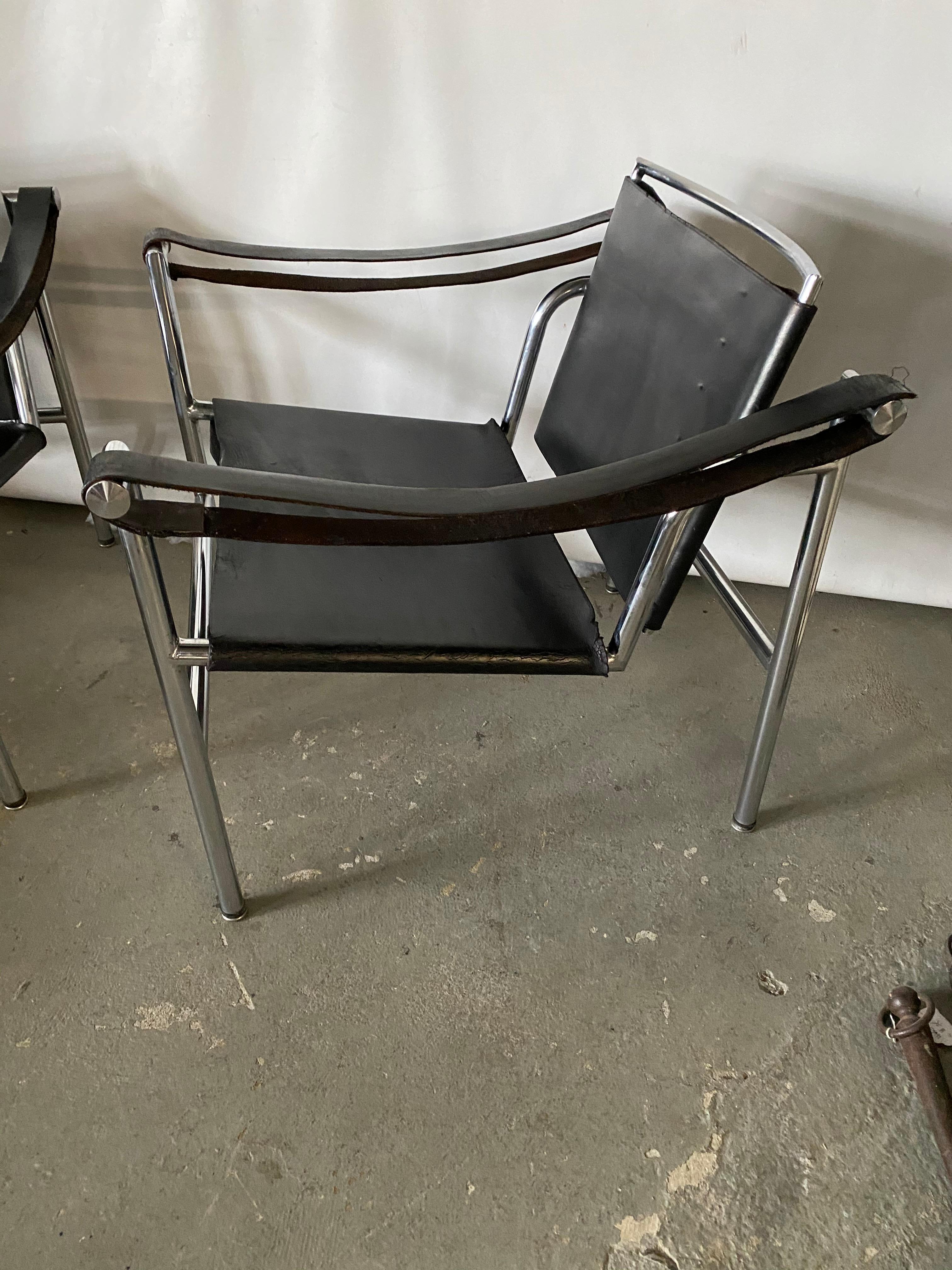 Italian LC1 Style Leather Lounge Chairs, Pair For Sale