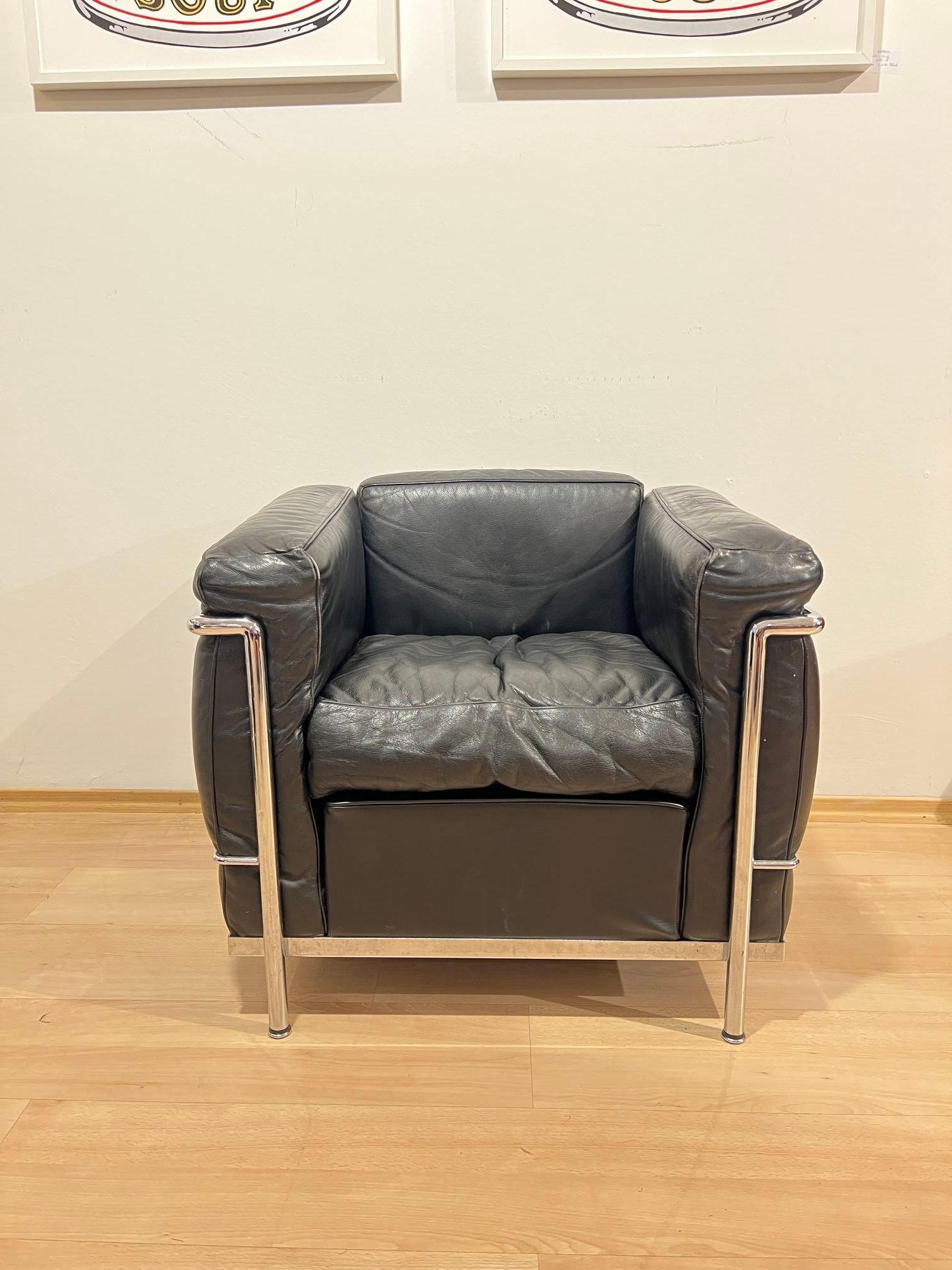 Modern LC2 Armchair, Chromed Steeltube and Black Leather, Italy circa 1960s For Sale