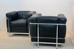 LC2 Armchairs in Soft Black Leather by Le Corbusier, Jeanneret & Perriand