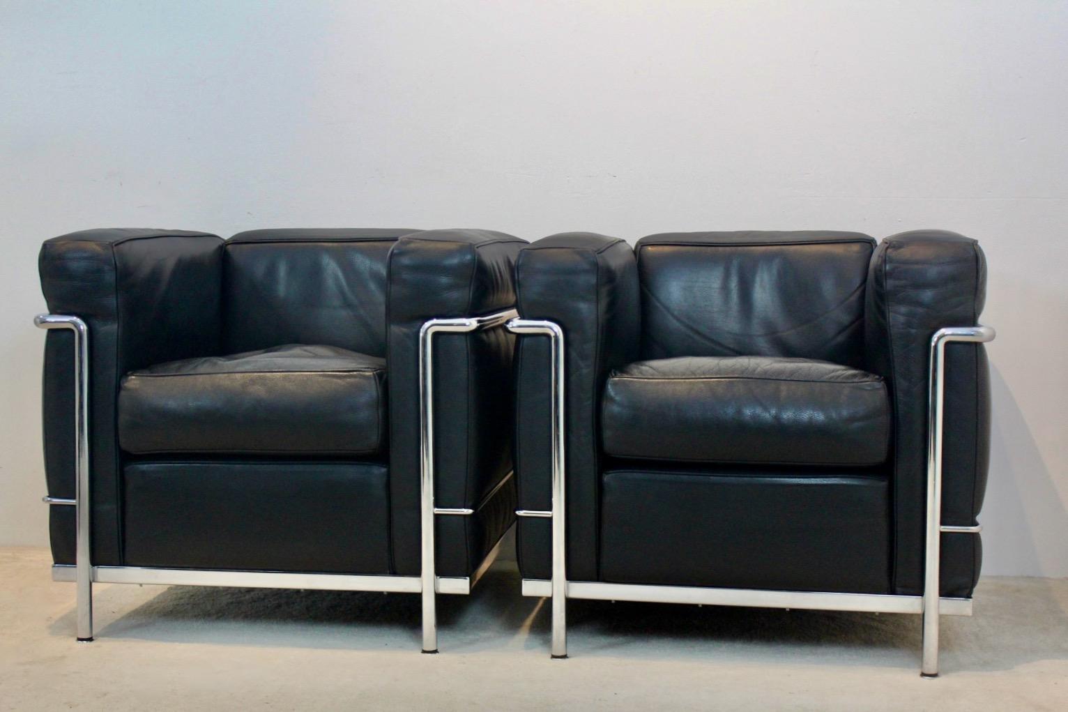 Mid-Century Modern LC2 Armchairs in Soft Black Leather by Le Corbusier, Jeanneret & Perriand