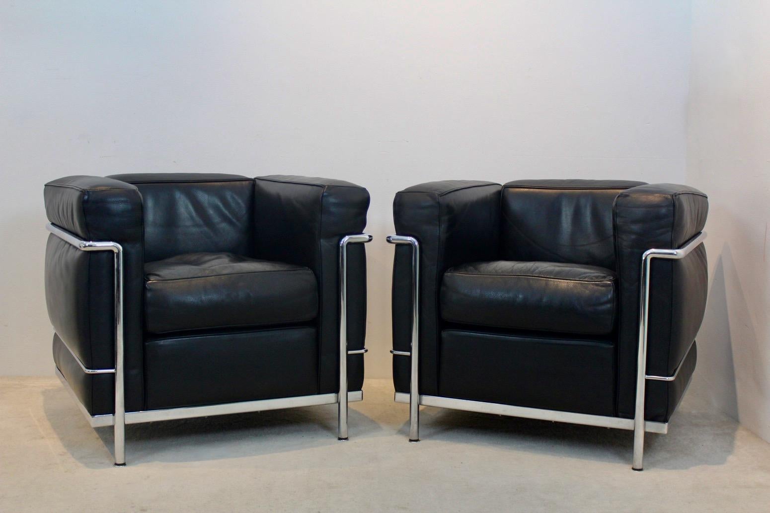 Italian LC2 Armchairs in Soft Black Leather by Le Corbusier, Jeanneret & Perriand