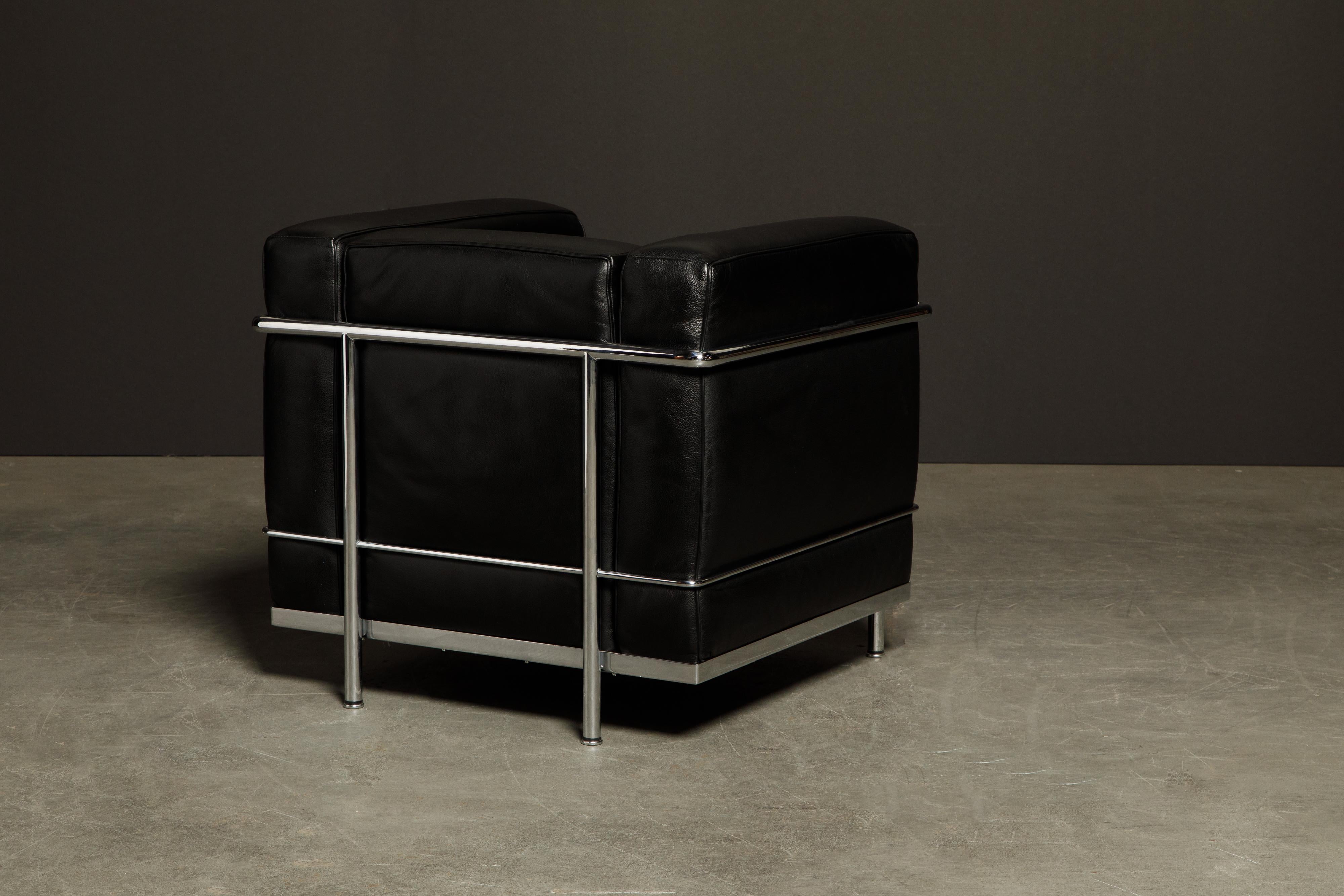 Bauhaus 'LC2' Black Leather and Chrome Club Chair by Le Corbusier for Cassina, Signed