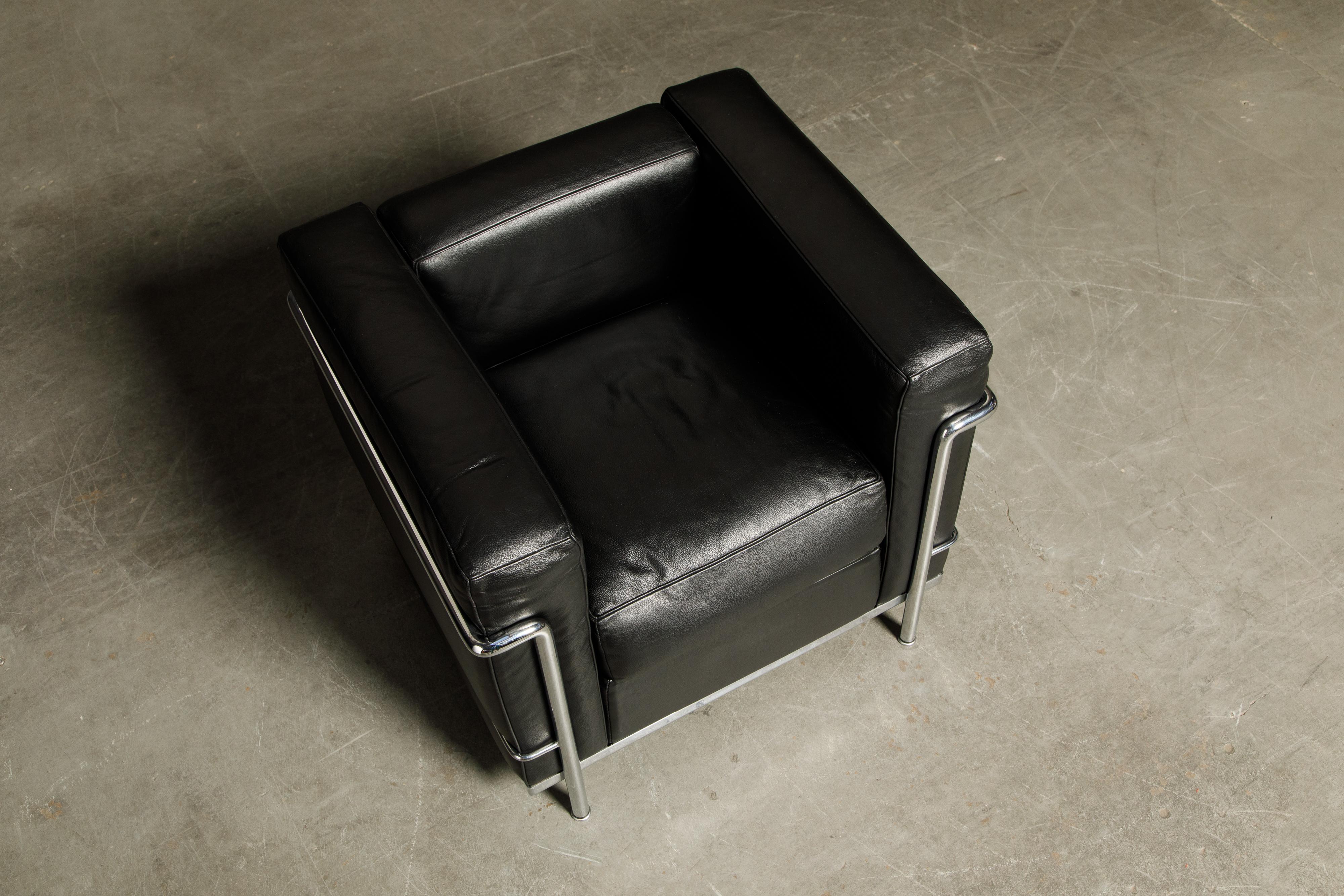 Contemporary 'LC2' Black Leather and Chrome Club Chair by Le Corbusier for Cassina, Signed