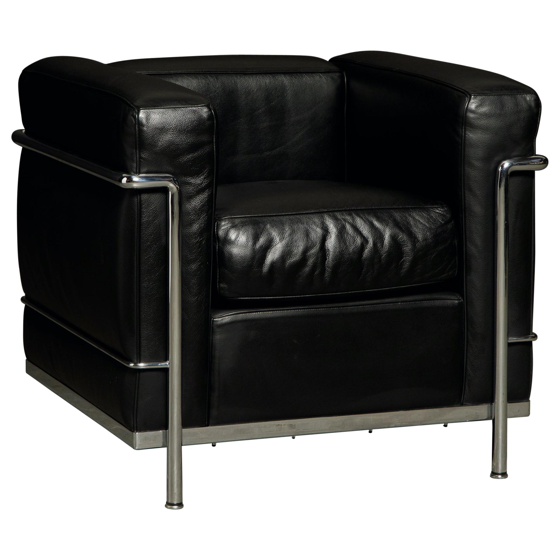 LC2' Black Leather and Chrome Club Chair by Le Corbusier for Cassina,  Signed at 1stDibs