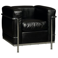 'LC2' Black Leather and Chrome Club Chair by Le Corbusier for Cassina, Signed