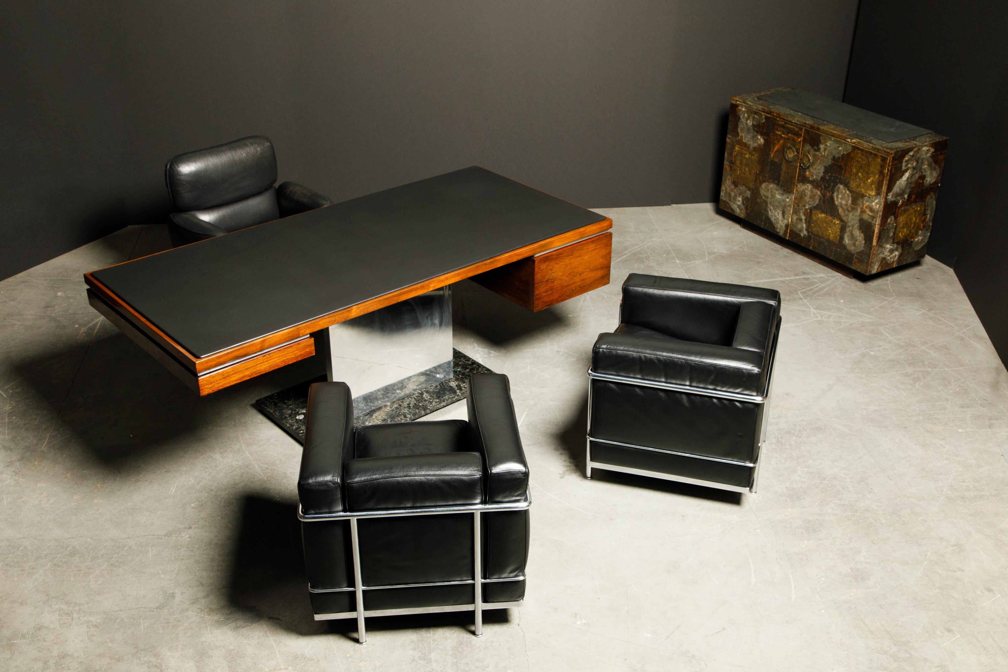 'LC2' Black Leather Club Chairs by Le Corbusier for Cassina, Signed 12