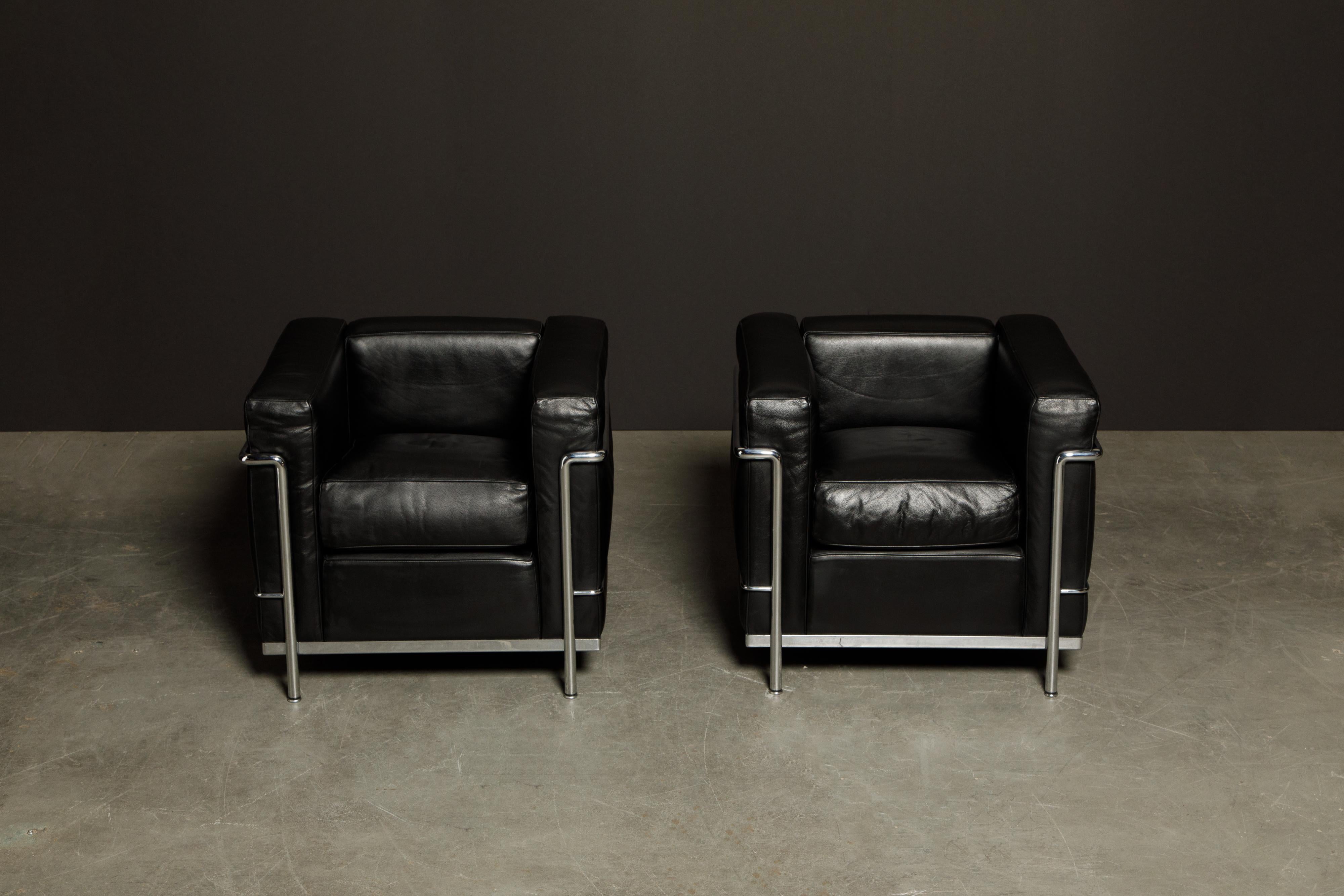 Bauhaus 'LC2' Black Leather Club Chairs by Le Corbusier for Cassina, Signed