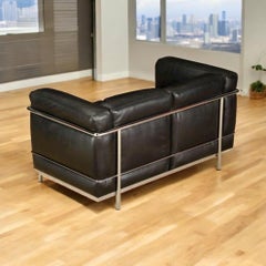 'LC2' Black Leather Settee Sofa Loveseat by Le Corbusier for Cassina, Signed