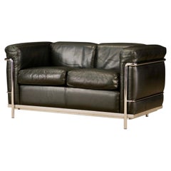 'LC2' Black Leather Settee Sofa Loveseat by Le Corbusier for Cassina, Signed