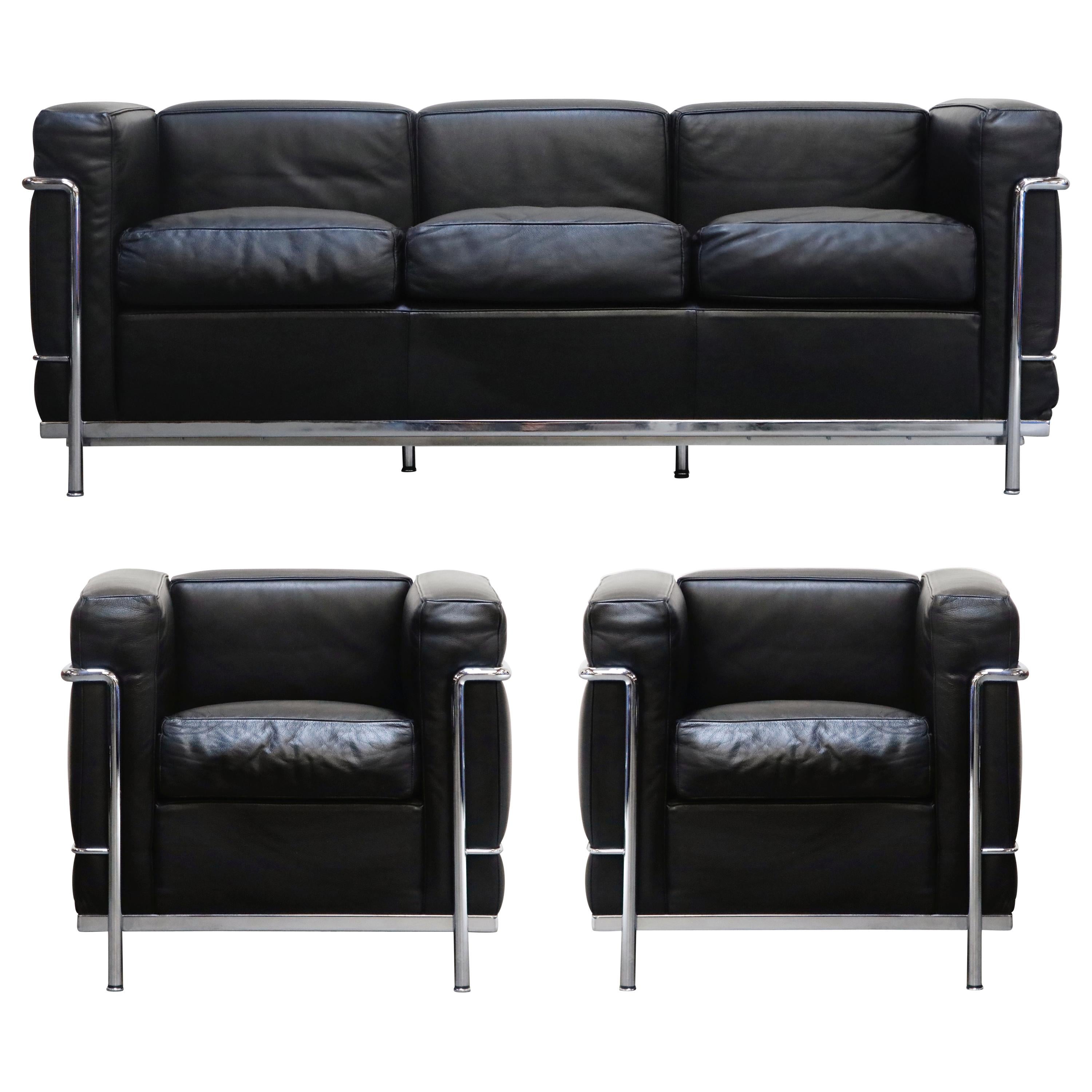 'LC2' Club Chairs and Sofa Living Room Set by Le Corbusier for Cassina, Signed