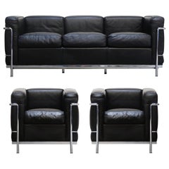 'LC2' Club Chairs and Sofa Living Room Set by Le Corbusier for Cassina, Signed