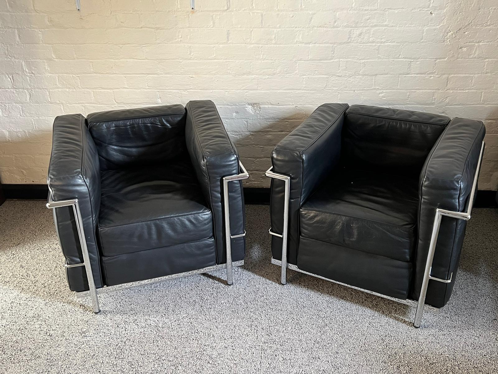 20th Century LC2 Club Chairs by Le Corbusier, Jeanneret & Perriand, Soft Black Leather For Sale