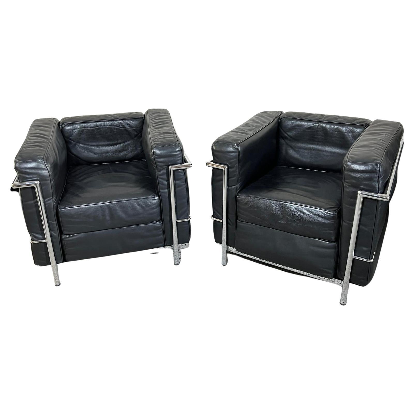 LC2 Club Chairs by Le Corbusier, Jeanneret & Perriand, Soft Black Leather
