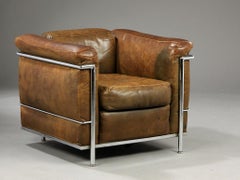 LC2 Le Corbusier Black/ Brown Leather and Steel 'NR 044' Made by Cassina