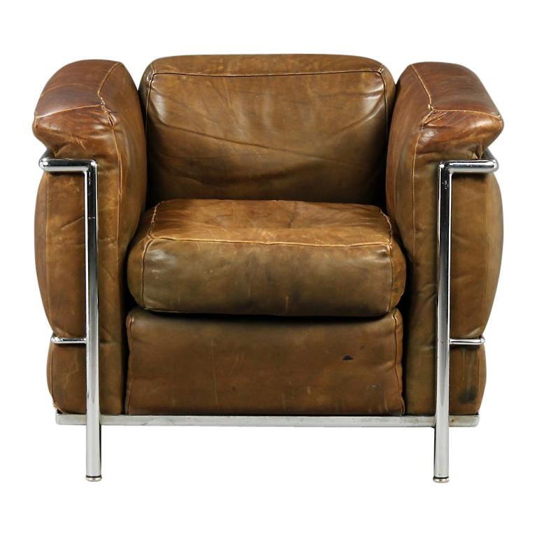 LC2 Le Corbusier Black/ Brown Leather and Steel 'NR 044' Made by Cassina For Sale