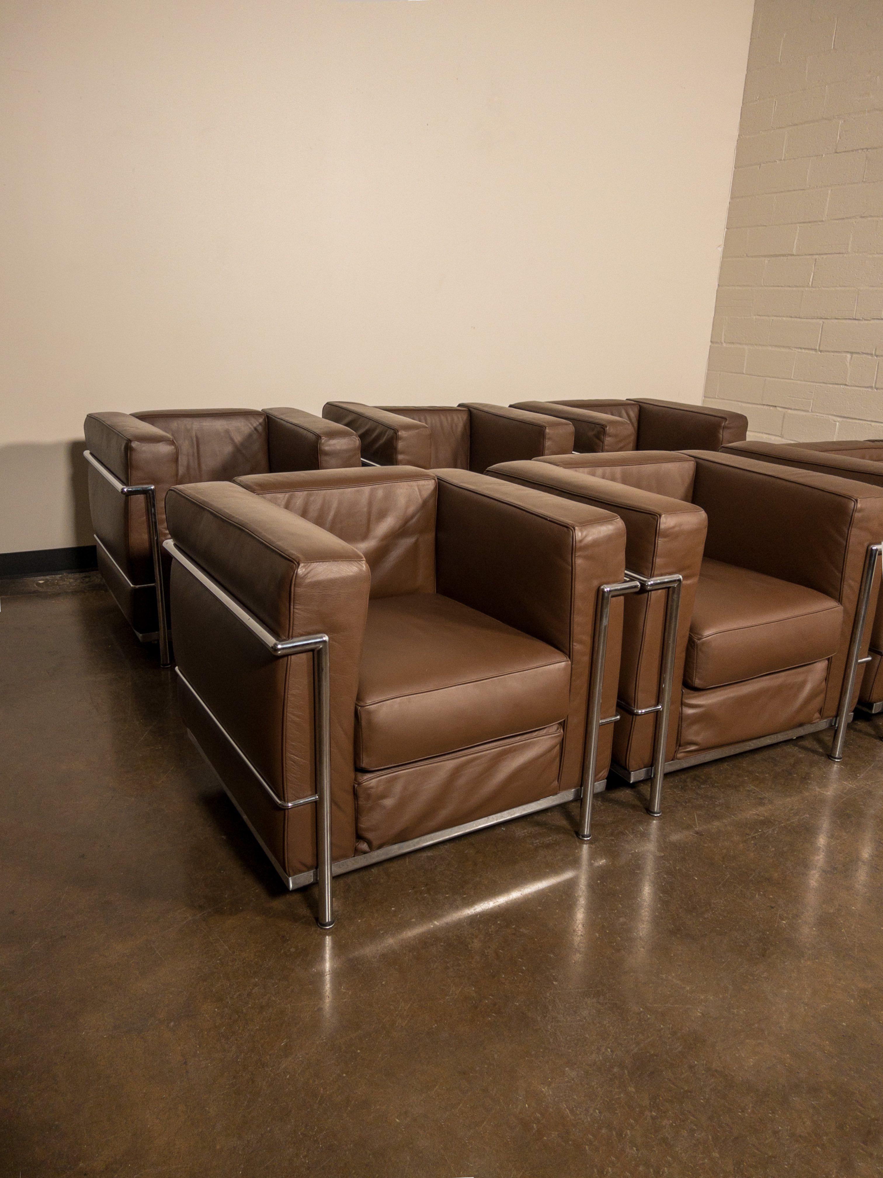 Bauhaus 'LC2' Leather Club Chairs by Le Corbusier for Alivar, c 1980s, Signed