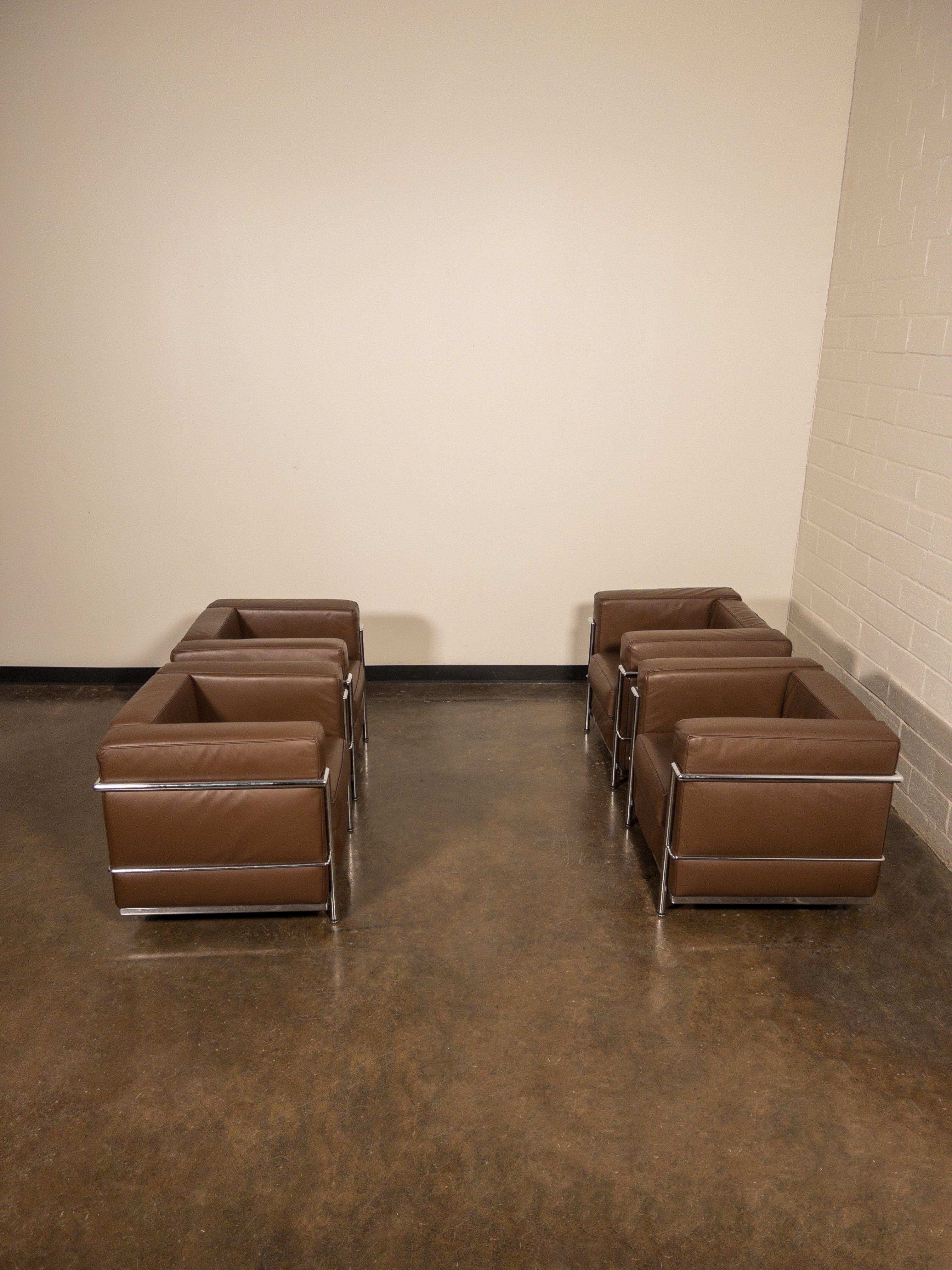 Late 20th Century 'LC2' Leather Club Chairs by Le Corbusier for Alivar, c 1980s, Signed