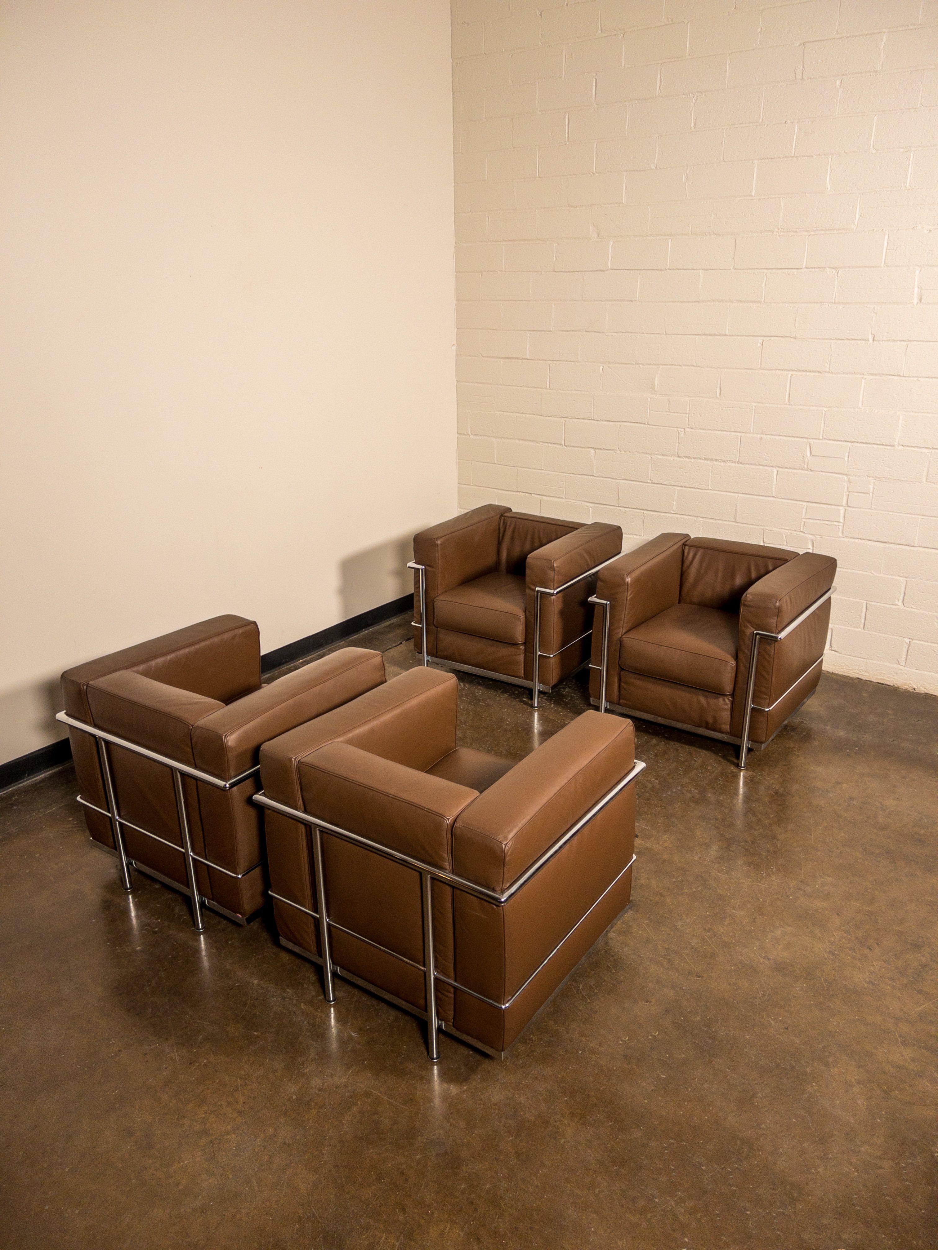 'LC2' Leather Club Chairs by Le Corbusier for Alivar, c 1980s, Signed 1