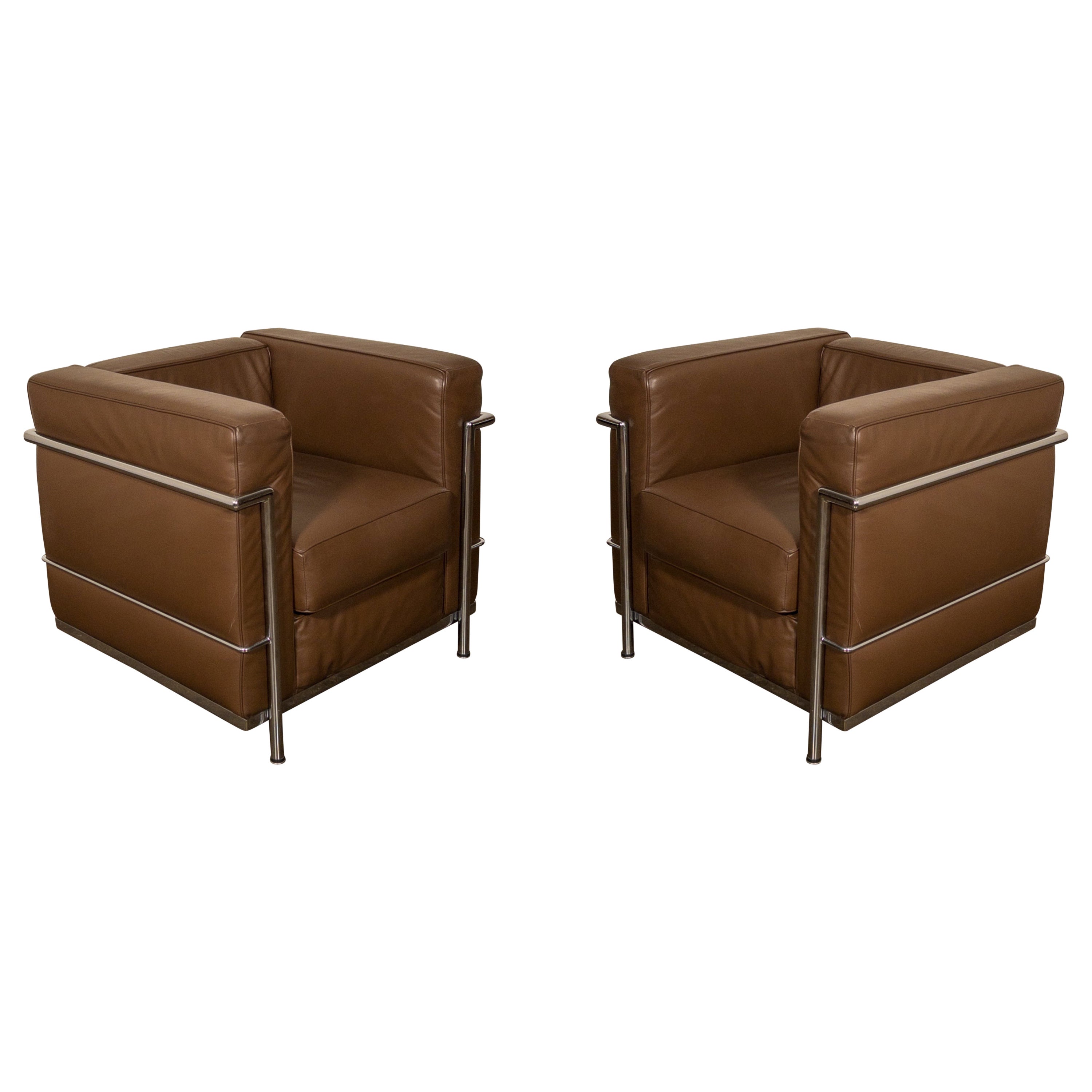 'LC2' Leather Club Chairs by Le Corbusier for Alivar, c 1980s, Signed