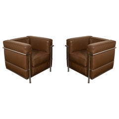 'LC2' Leather Club Chairs by Le Corbusier for Alivar, c 1980s, Signed