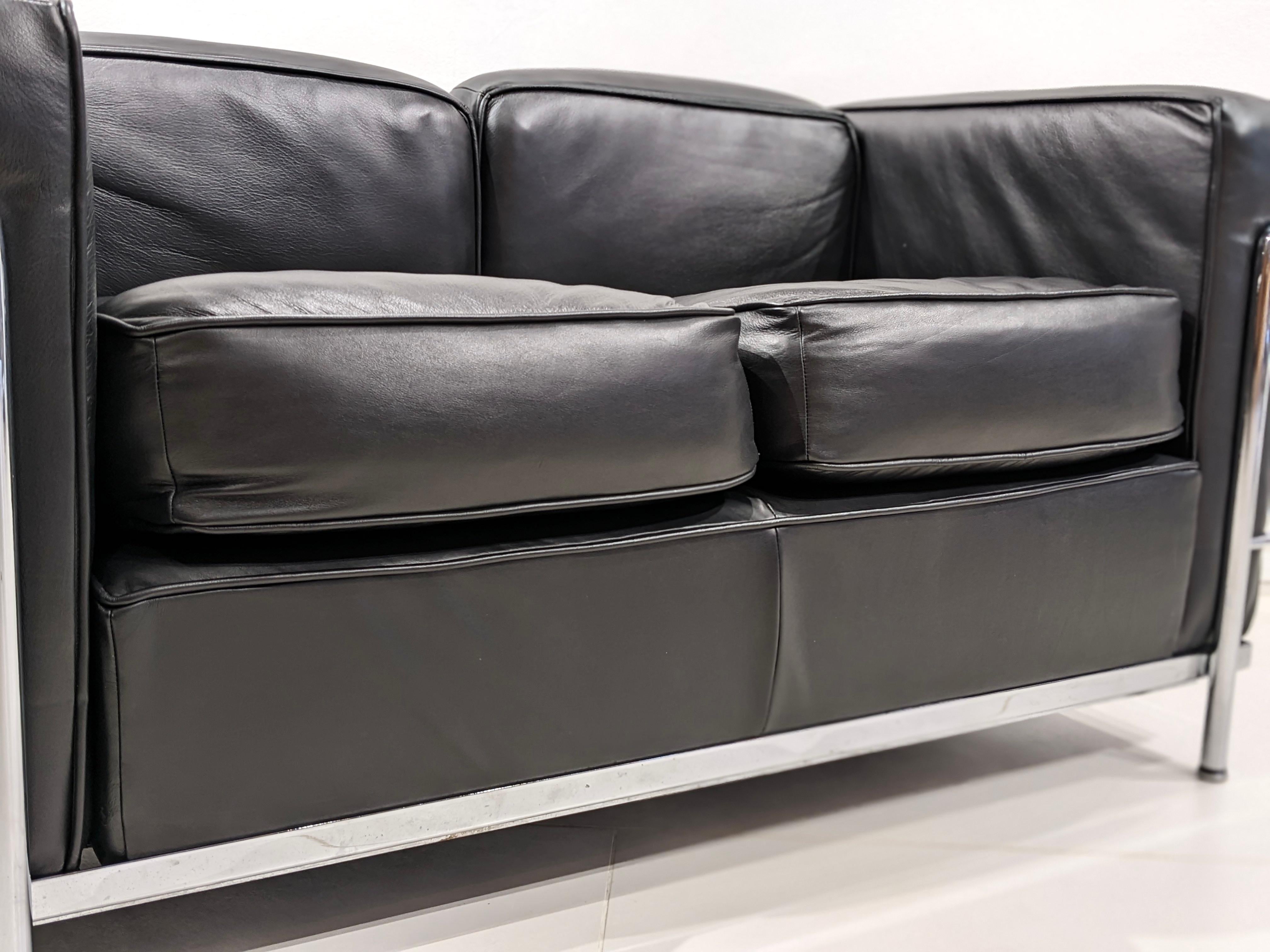Steel LC2 Sofa Signed Le Corbusier Cassina Edition For Sale