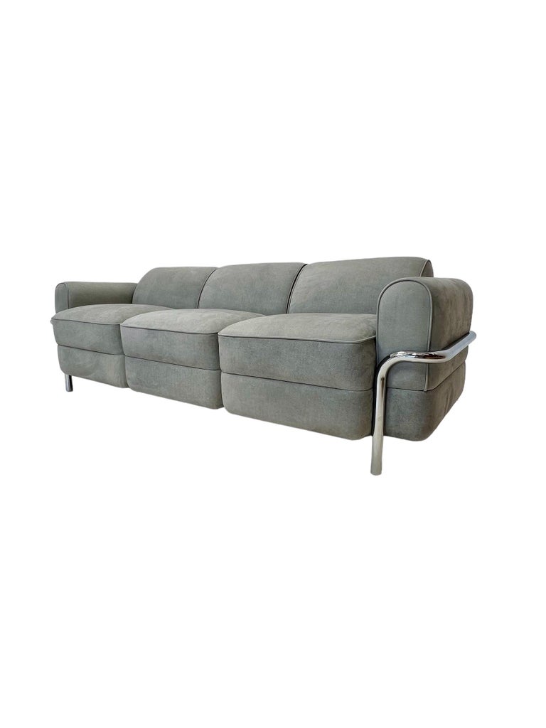 Mid-Century Modern LC2 Style Inspired Sofa in Distressed Suede Leather For Sale
