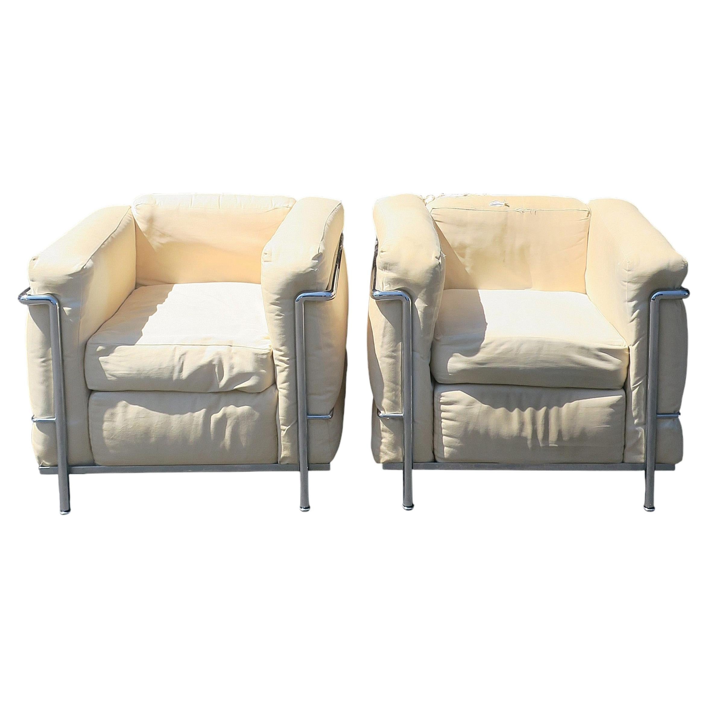 LC2 Style Modernist Chrome Armchairs Pair, Circa Late 20th Century