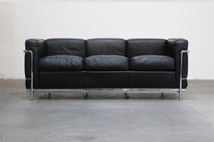 'LC2' Three-Seat Sofa in Black Leather by Le Corbusier for Cassina, Signed