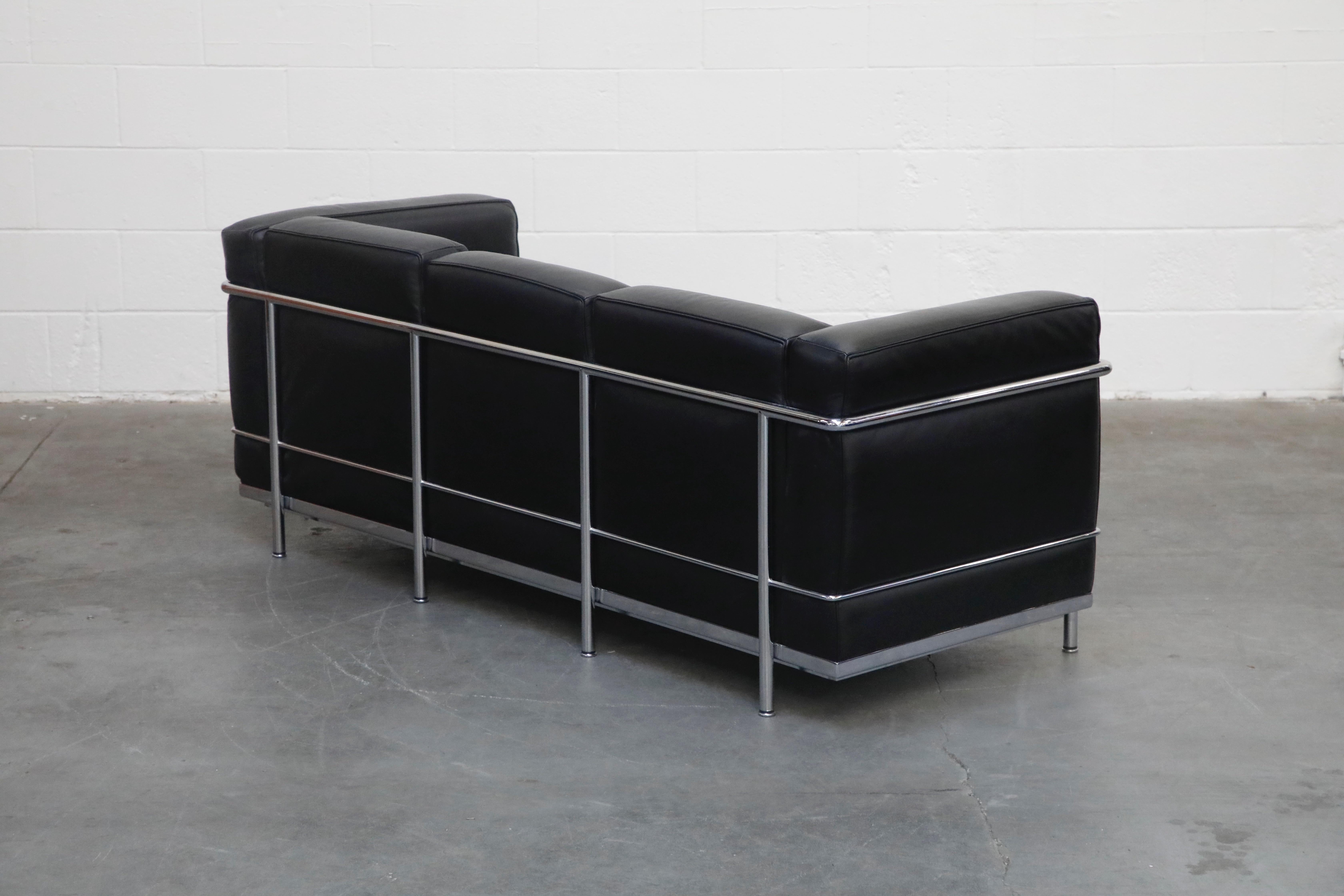 Italian 'LC2' Three-Seat Sofa in Black Leather by Le Corbusier for Cassina, Signed