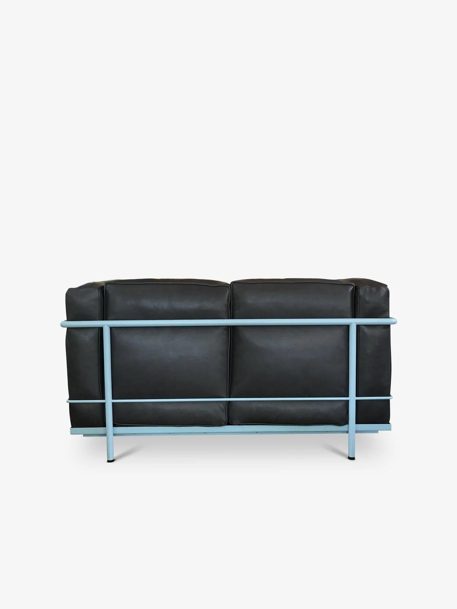 Italian LC2 Two Seater Sofa in Light Blue Enamel and Leather For Sale