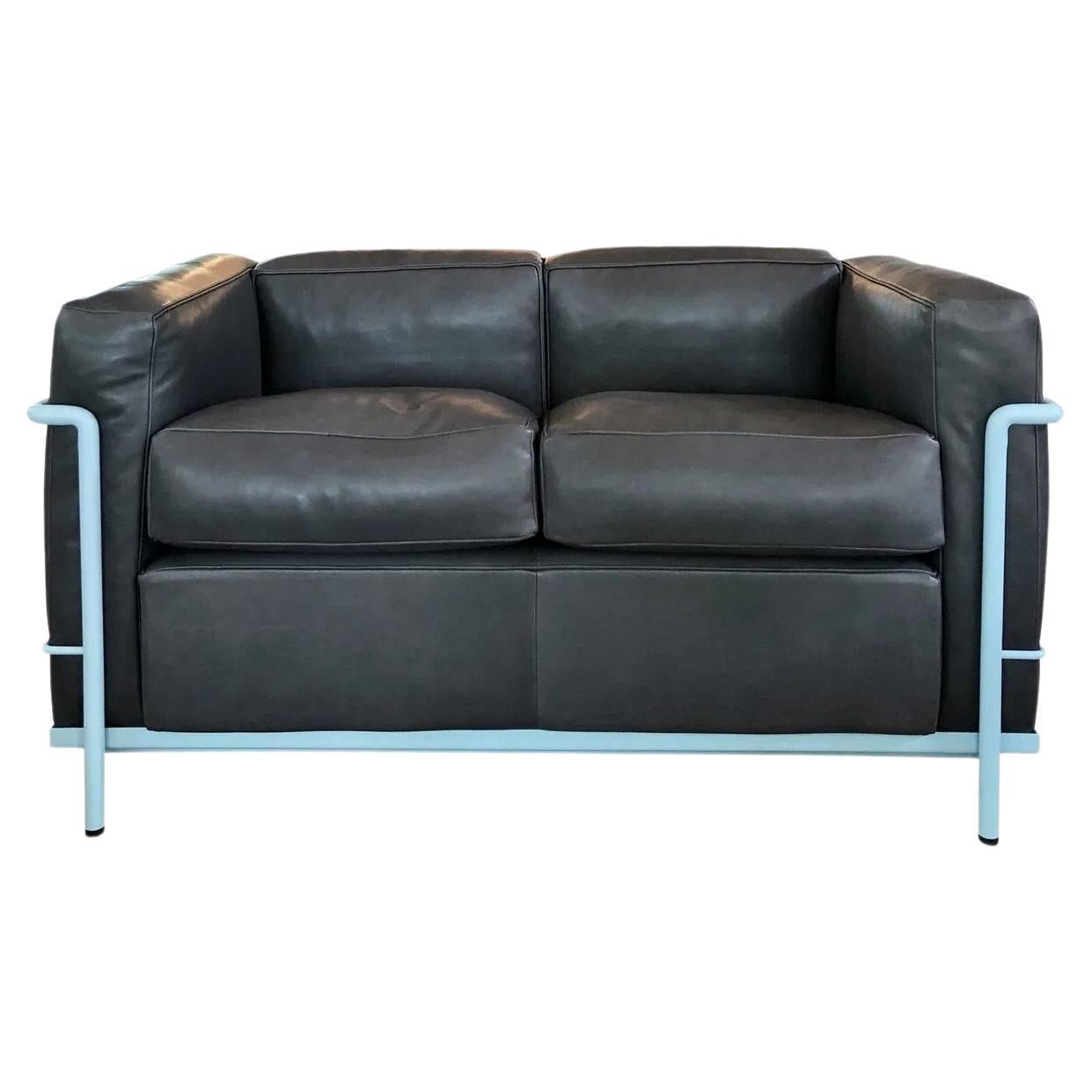 LC2 Two Seater Sofa in Light Blue Enamel and Leather For Sale