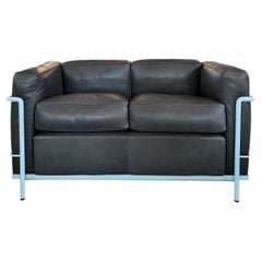 LC2 Two Seater Sofa in Light Blue Enamel and Leather