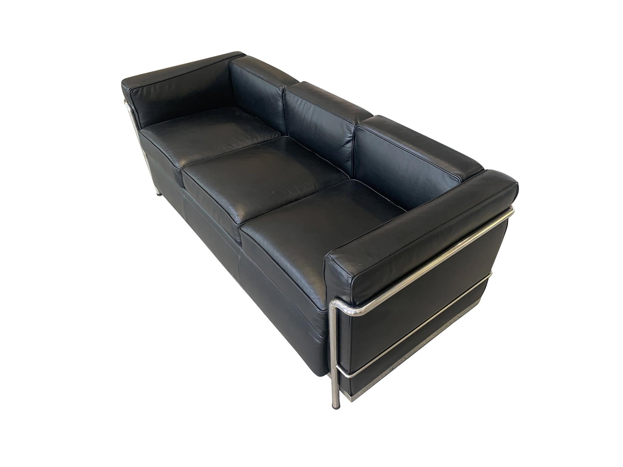 Modern LC3 Style Black Leather & Chrome Sofa