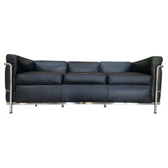 LC3 Style Black Leather & Chrome Sofa
