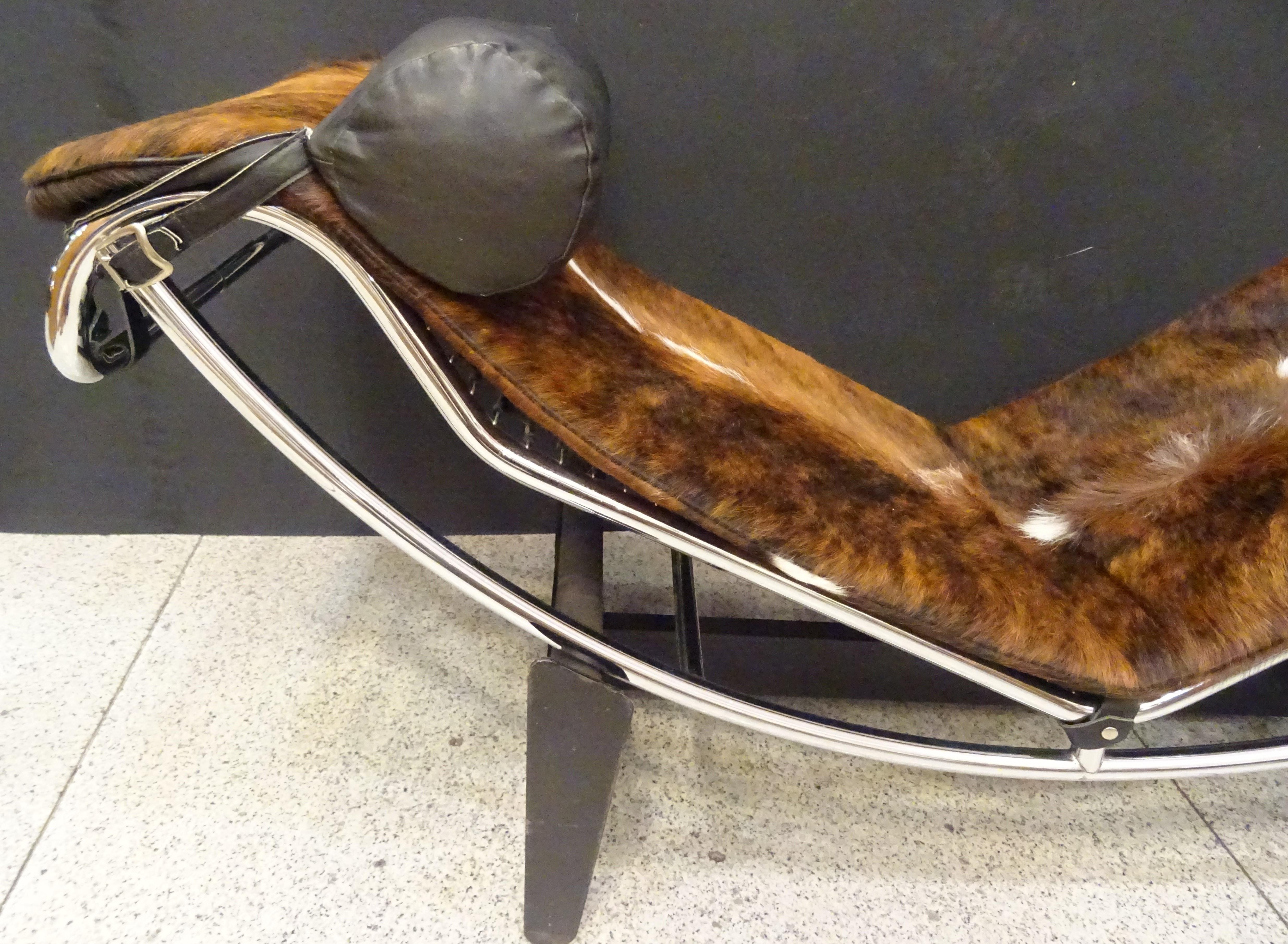 French LC4 Le Corbusier Chaise-Longue, Cowhide and Chrome, Signed