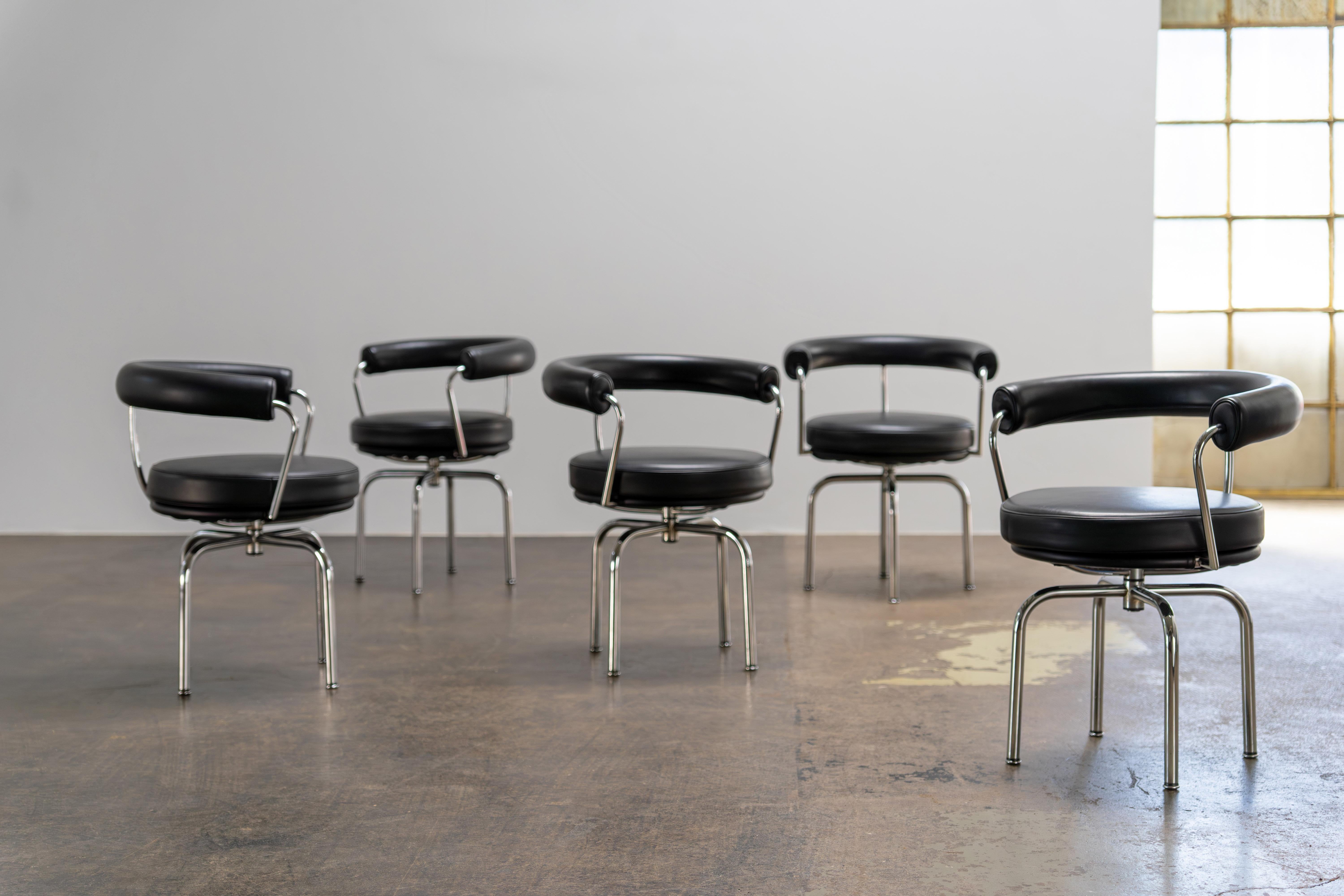 LC7 Chairs by Le Corbusier
Cassina, Italy

This iconic LC7 swivel chair was designed by Le Corbusier and manufactured by the renowned Italian company Cassina. The seat is upholstered in premium black leather and features a striking chromed steel