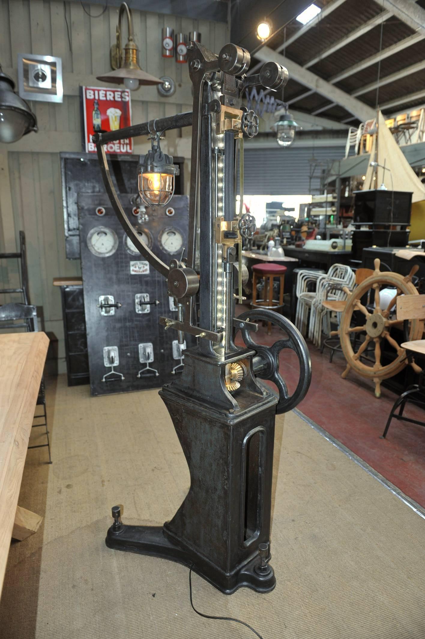 French L.Casin Lille, 1920s Pressure Monitor Cast Iron Machine in Floor Lampe