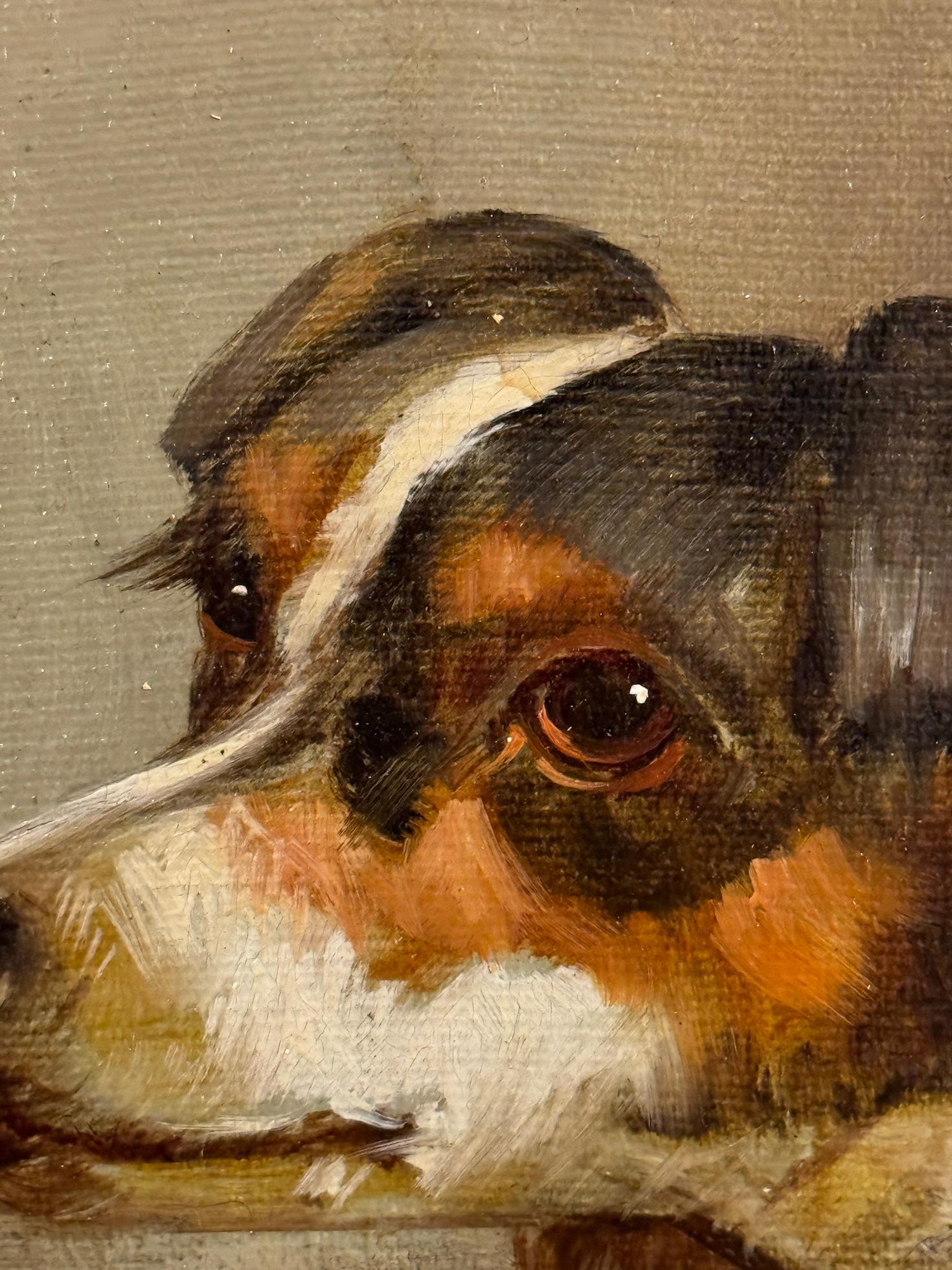 19th century English Jack Russell dog head portrait - Painting by L.Cato