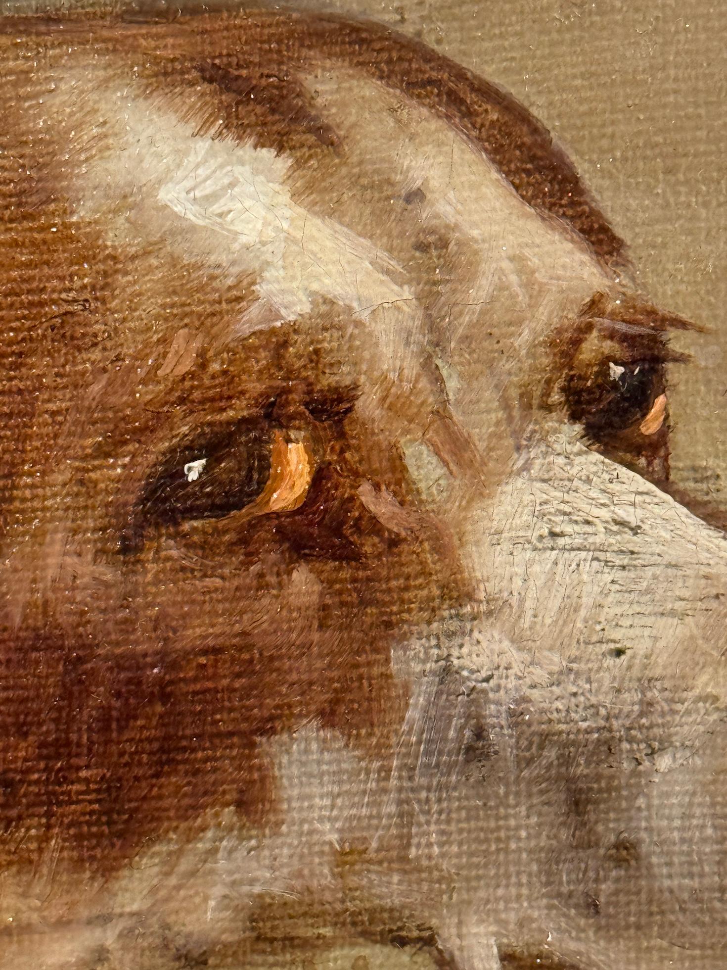 19th century English Spaniel or Fox Hound dog head portrait - Victorian Painting by L.Cato