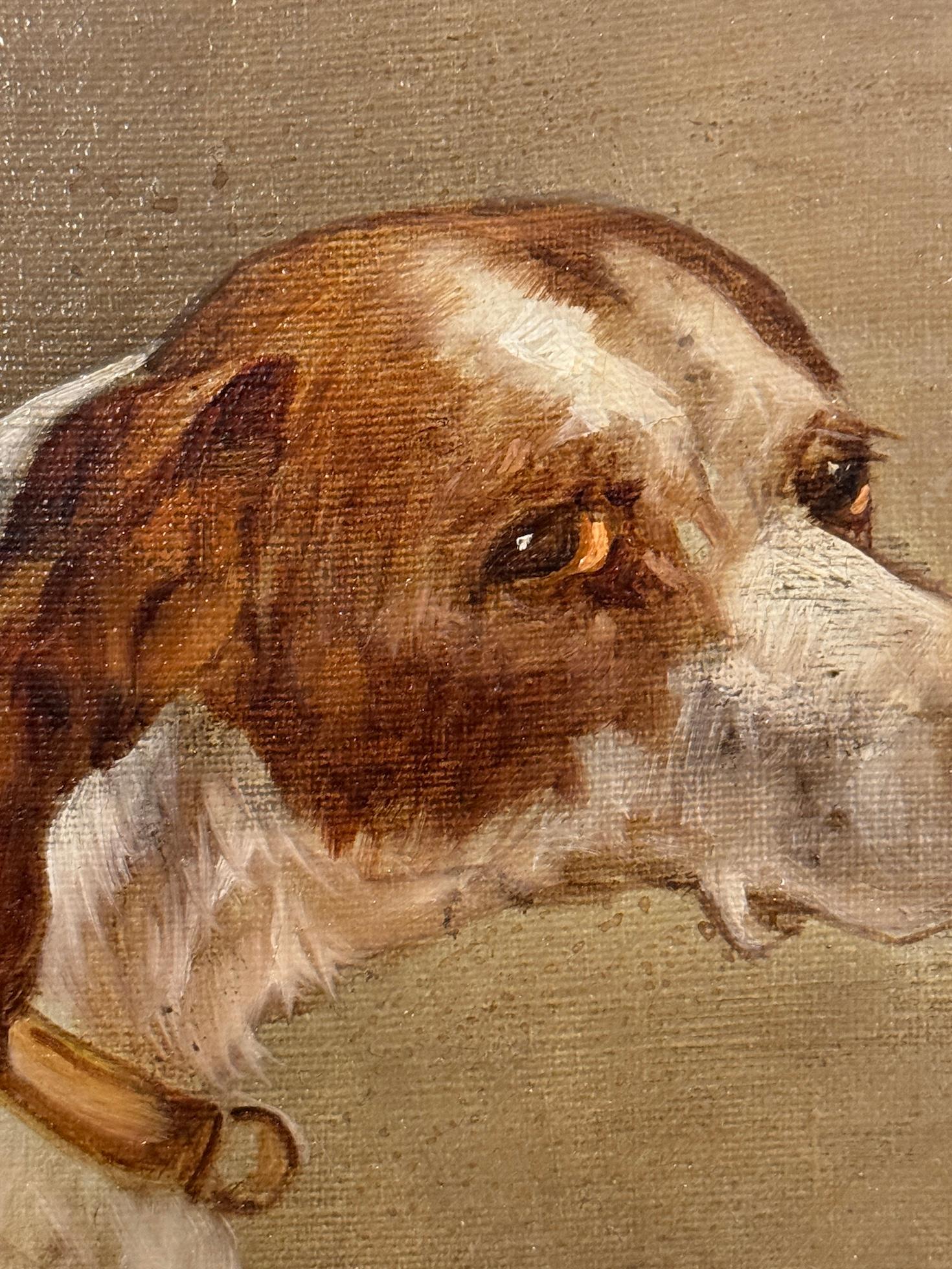 19th century English Spaniel or Fox Hound dog head portrait - Brown Animal Painting by L.Cato