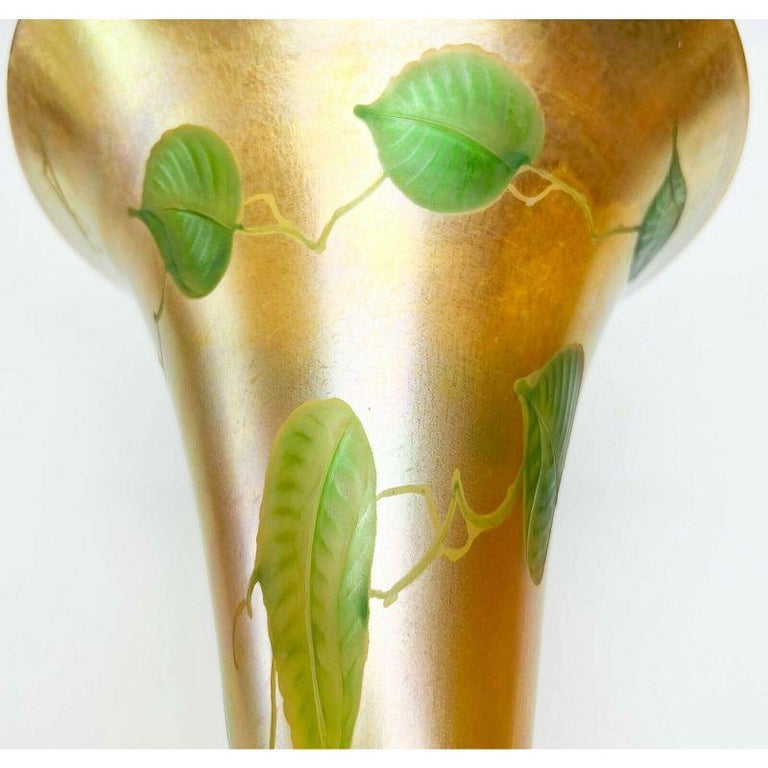 LCT Tiffany Iridescent Gold Favrile Art Glass Trumpet Vase Intaglio