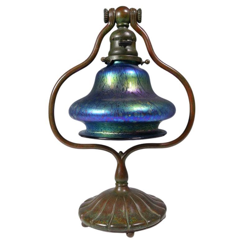 LCT Tiffany Studios Bronze Desk Harp Lamp with Bohemian Art Glass Shade -1910