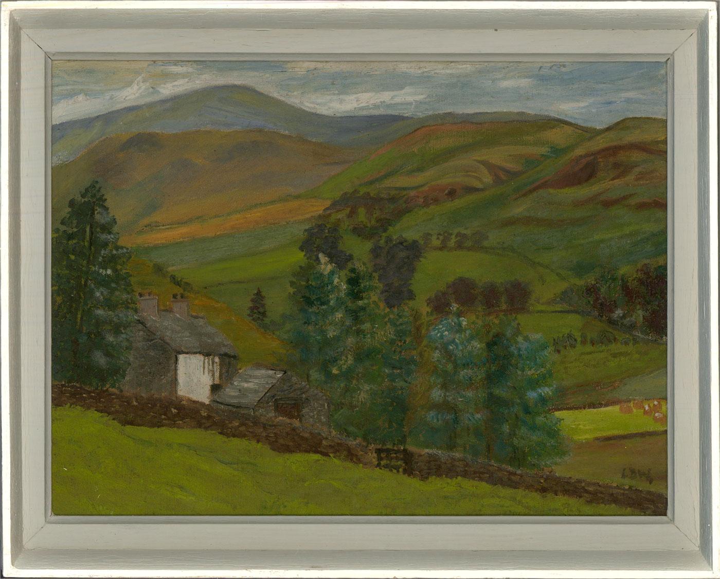 Une peinture à l'huile vibrante et captivante de L.D. Williams, dépeignant une scène de ferme de Cumberland. Monogrammé dans le coin inférieur droit. Il y a une étiquette au dos portant le titre et le nom de l'artiste. Présenté dans un cadre en bois