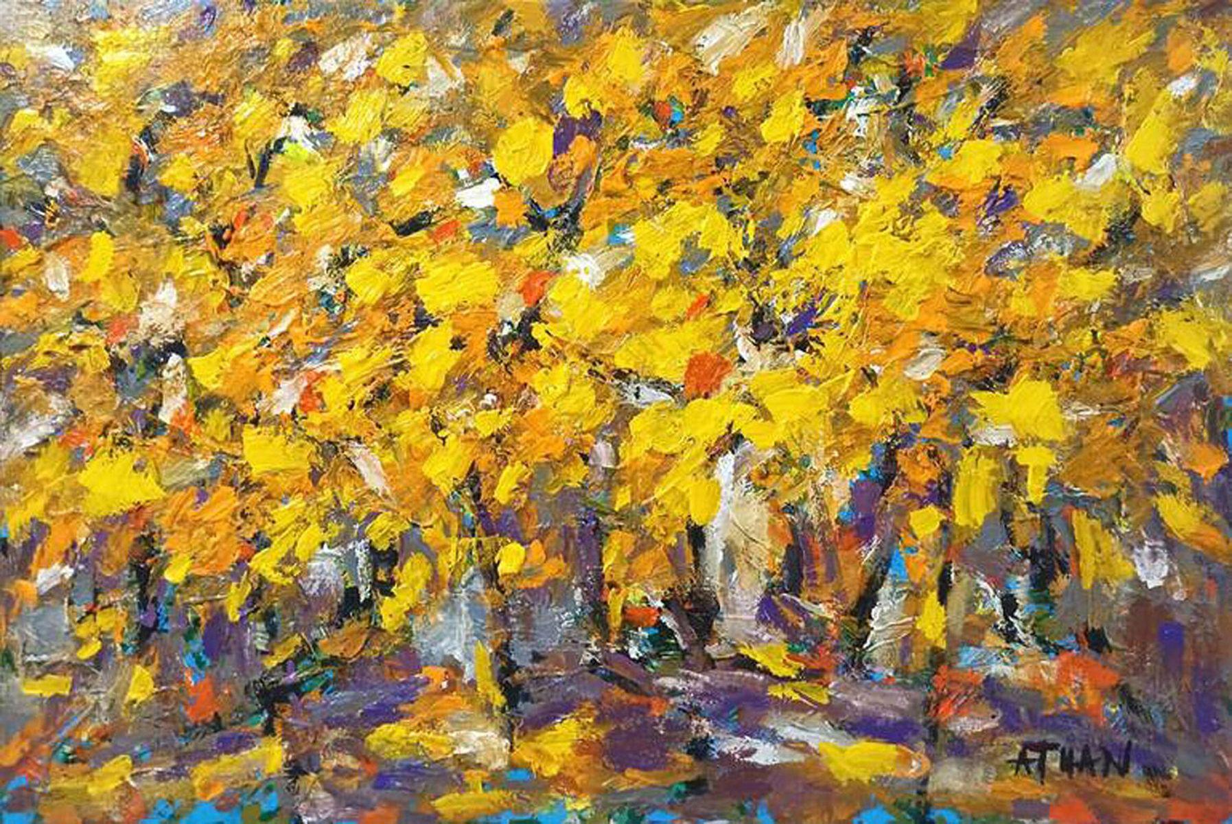 Autumn in Hanoi: Yellow leaves fall on each street, Painting, Acrylic on Canvas